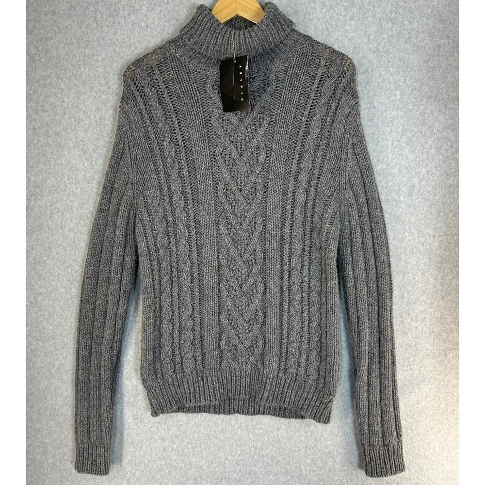 SISLEY Gray Chunky Cable Knit‎ Turtleneck Sweater Made in Italy Womens XL NWT